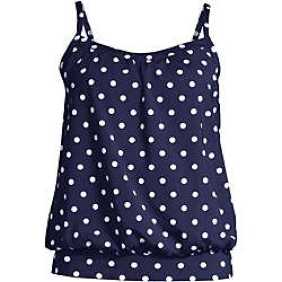Land's End Chlorine Resistant Blouson Tankini Swimsuit Blue Polka Dot upf50 14DD - Picture 7 of 8